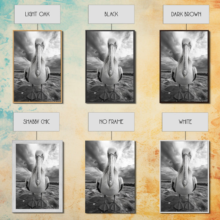 Bold Pelican, Coastal Storm, Bird Portrait, Canvas Print, wildlife wall art, beach house decor, dramatic black and white animal art