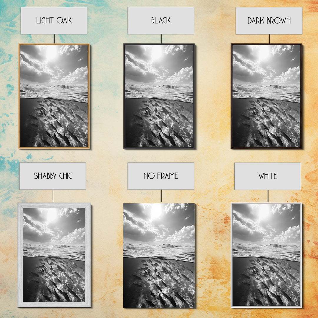 Underwater Scene, School of Fish, Ocean Photography, Split Shot Water, Framed Canvas Print, Bathroom Wall Art, Coastal Decor