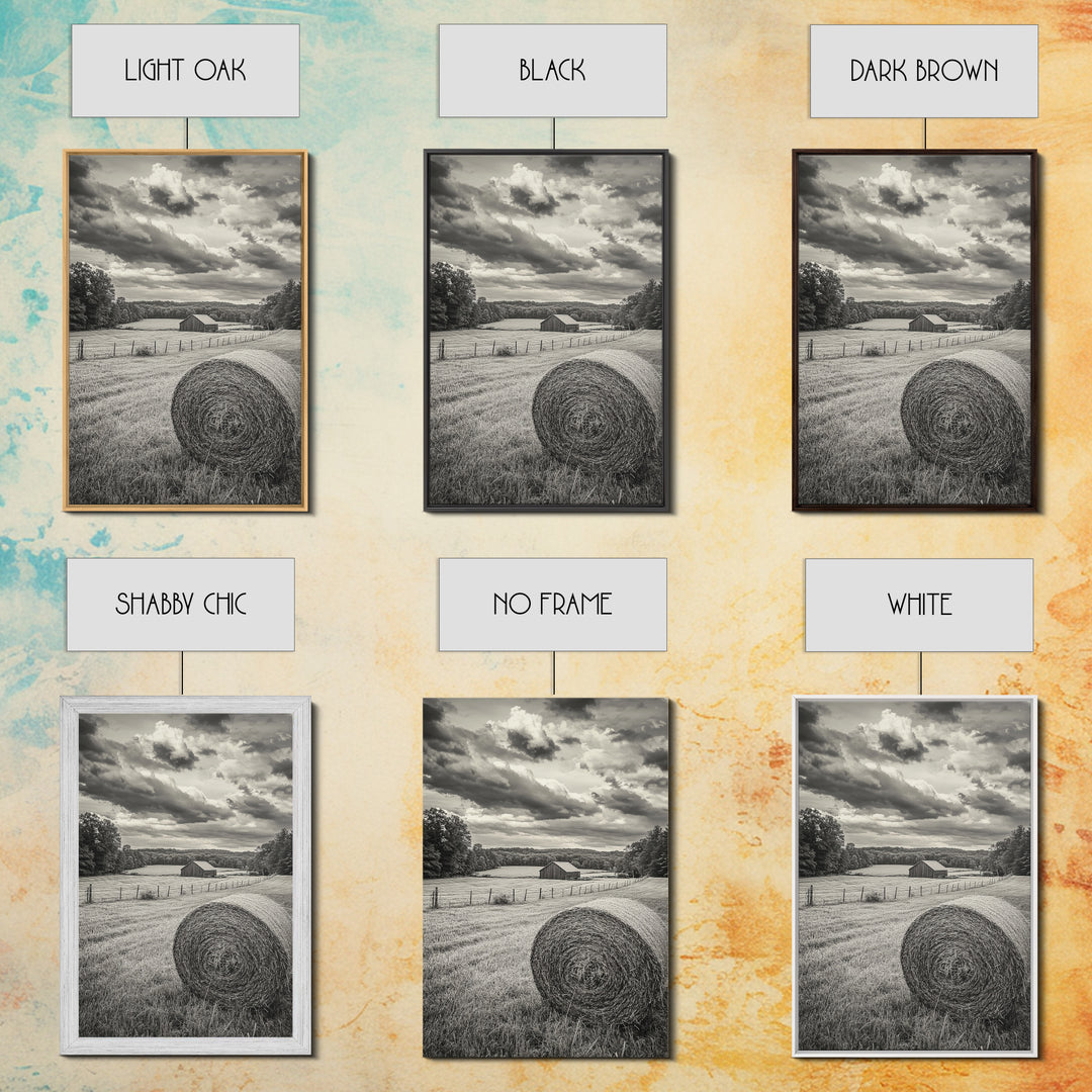 Autumn Hay Bale, Farm Field Scene, Country Landscape, Black and White Canvas Print, Rustic Kitchen or Fall Living Room Wall Art