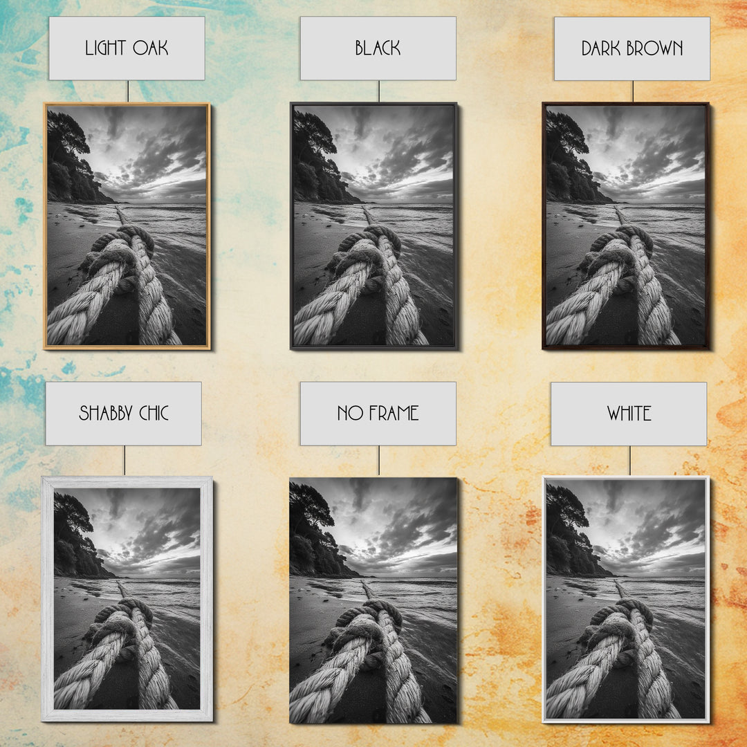 Beach Rope Knot, Coastal Connection, Ocean Shoreline, Nautical Canvas Print, Black and White Bathroom or Seaside Wall Decor