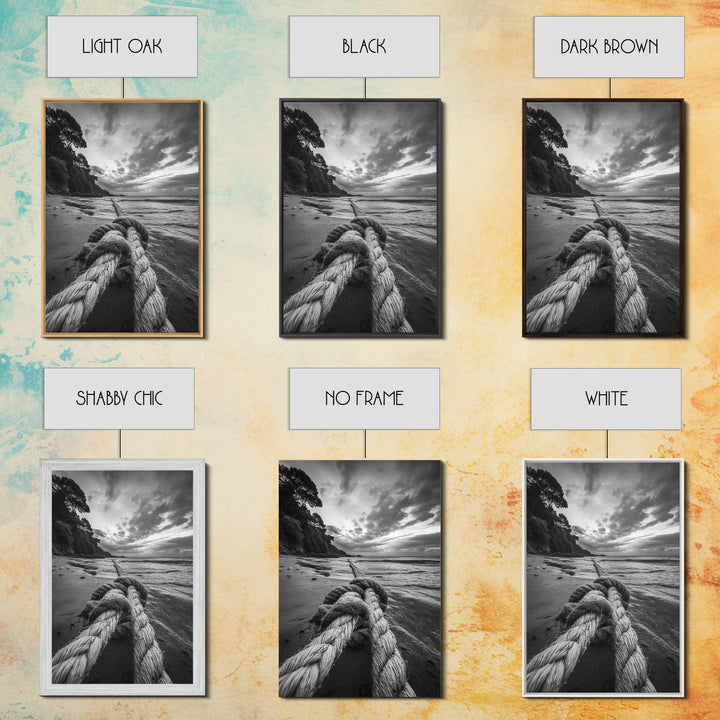 Beach Rope Knot, Coastal Connection, Ocean Shoreline, Nautical Canvas Print, Black and White Bathroom or Seaside Wall Decor