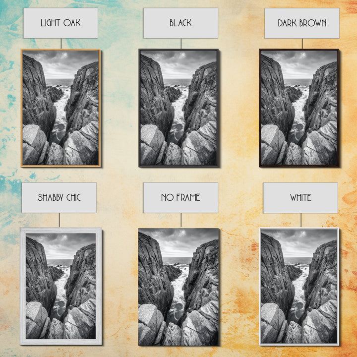 Ocean Cliff Pass, Rugged Coastal Rocks, Nature Power, Monochrome Framed Canvas Print, Moody Bathroom or Masculine Office Art