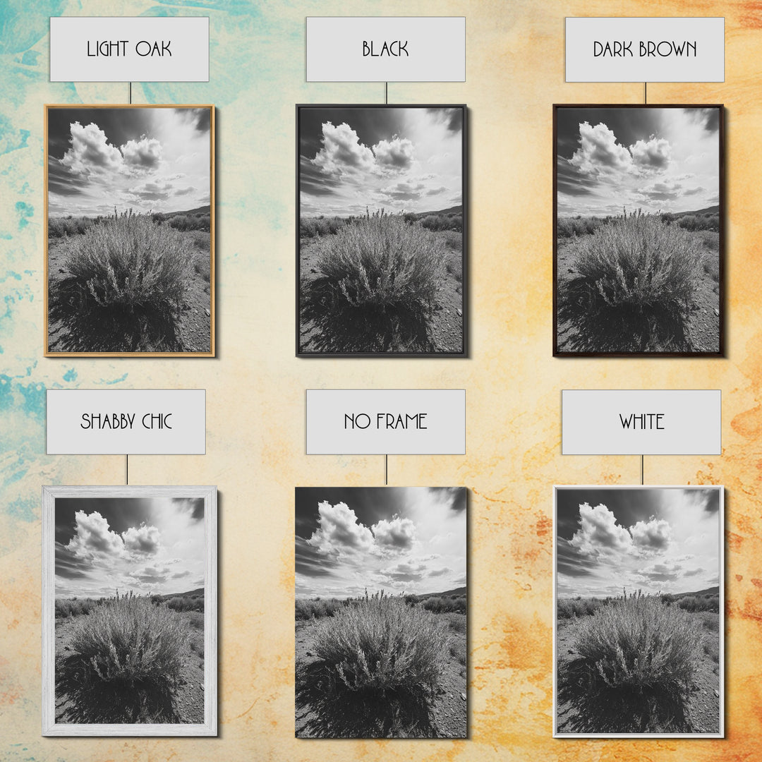 Desert Sage, Cloud Sky, Nature Wall Decor, Framed Canvas Print, Minimalist Art, Boho Style, Neutral Tones, Entryway Botanical Print