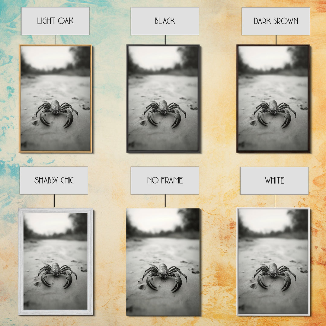 Desert Scorpion, Moody Wildlife, Sandy Ground, Focused Predator, Framed Canvas Print, edgy boho decor, masculine wall art, nature closeup