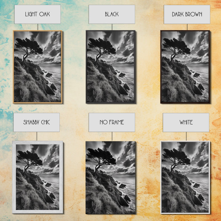 Coastal Pines, Rocky Shore, Windswept Tree, Wild Ocean Framed Canvas Print, rustic cabin art, black and white beach wall decor