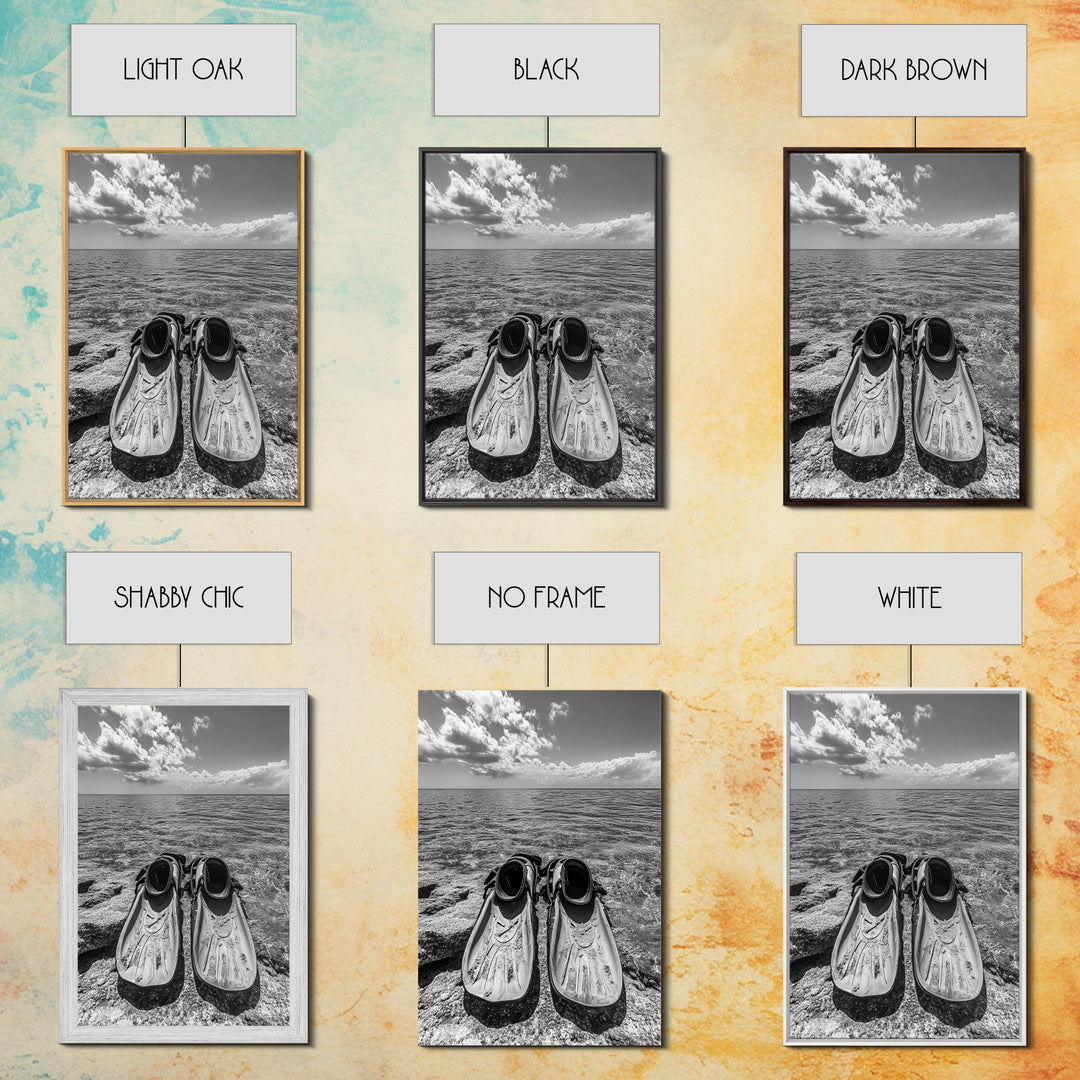 Ocean Fins, Coastal Escape, Underwater Adventure, Canvas Print, Beach Bathroom Wall Art, Nautical Photography, Black and White Decor