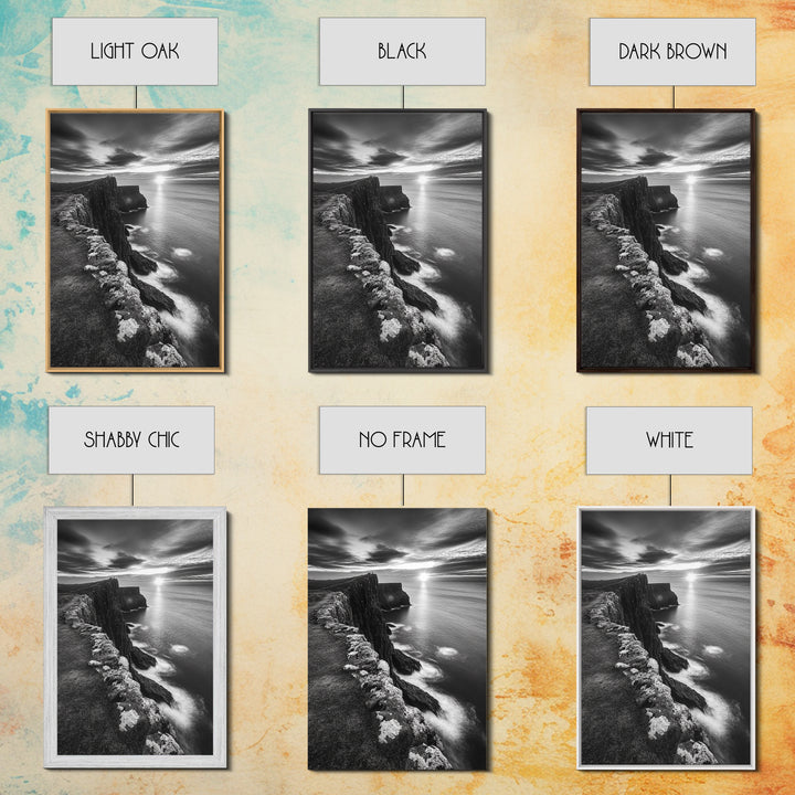 Rugged Sea Cliffs, Sunset Horizon, Serene Waters, Framed Canvas Print, Modern Nature Wall Art, Office Decor, Coastal Aesthetic