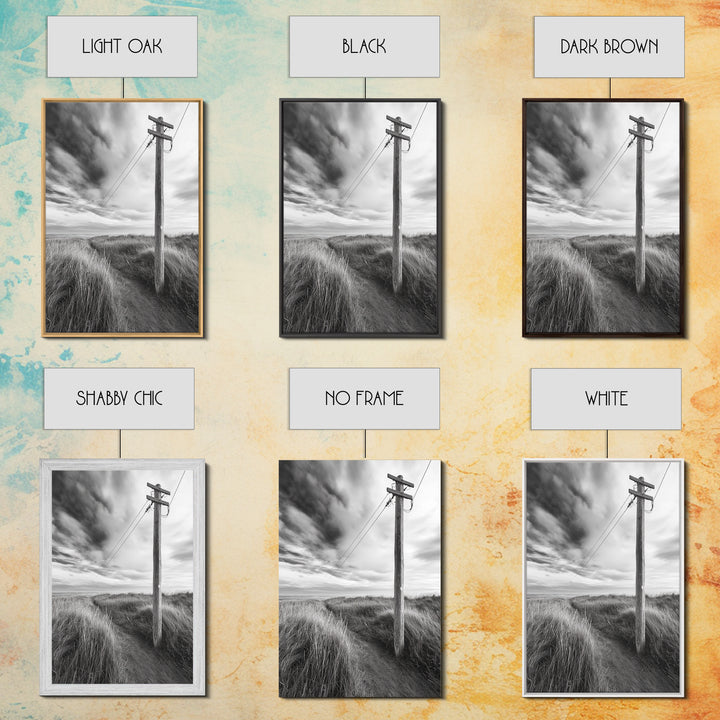 Coastal Path, Telephone Pole, Cloudy Sky, Minimal Nature Scene, Canvas Print, Entryway Wall Art, Rustic Landscape Photography Decor