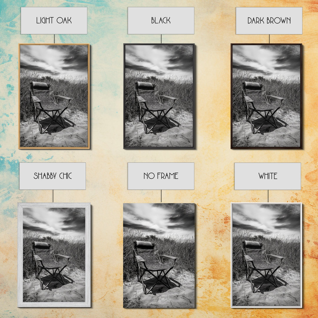 Deserted beach chair, quiet coast vibes, windswept scene, peaceful solitude, Canvas Print, hallway decor, rustic retreat outdoor artwork