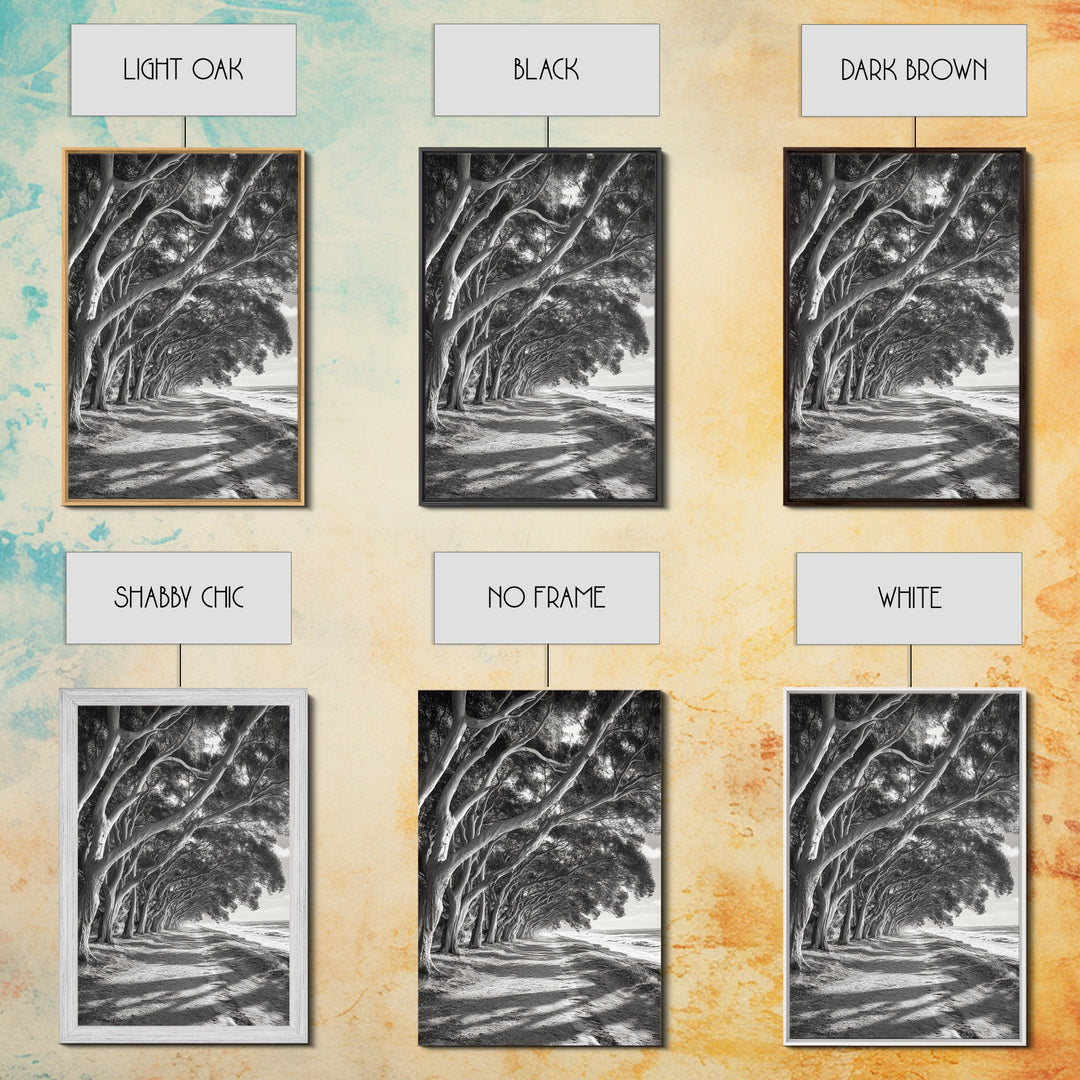 Coastal Tree Path, Nature Shadows, Ocean Breeze, Autumn Light, Framed Canvas Print, Living Room Wall Art, Moody Landscape Photography