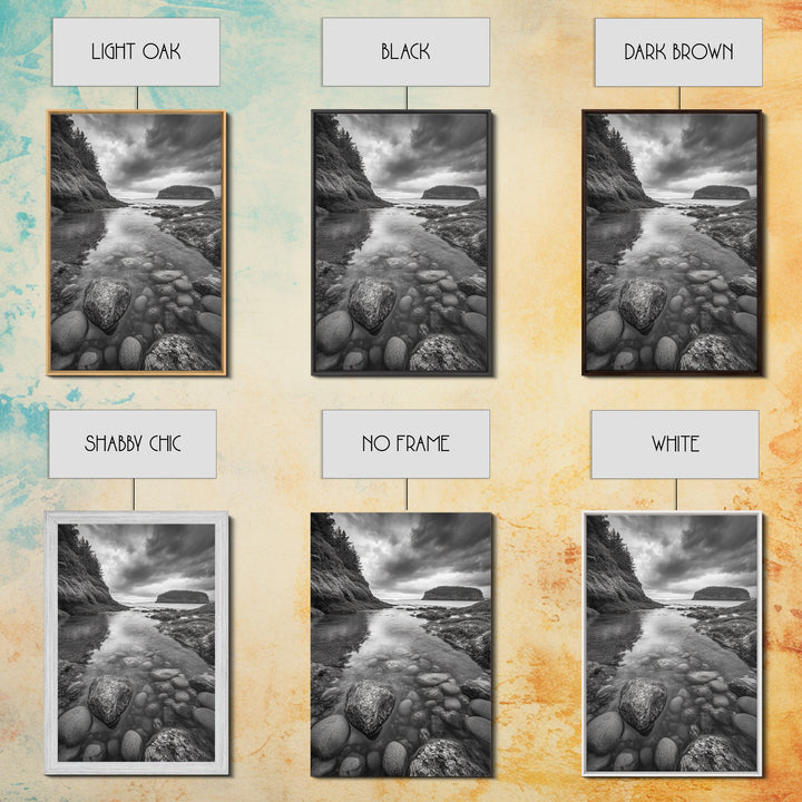 Rocky Shoreline Calm, Pebble Tidepool, Ocean Cliffs, Nature Escape, Canvas Print, Bathroom Wall Art, Black and White Coastal Art