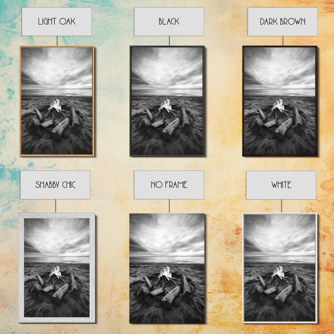 Coastal campfire glow, serene seaside bonfire, sunset flames, sandy warmth, Framed Canvas Print, Fall decor, cozy cabin wall art