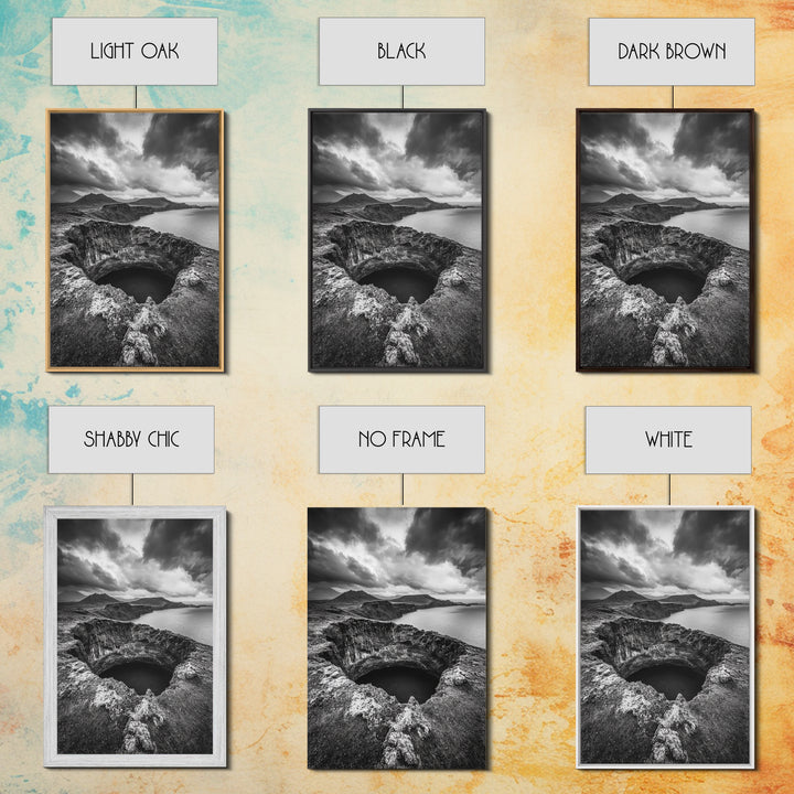 Crater Overlook Coast, Stormy Sky Mountains, Ocean Cliffs, Rugged Wilderness, Canvas Print, Den Wall Art, Moody Black and White Art