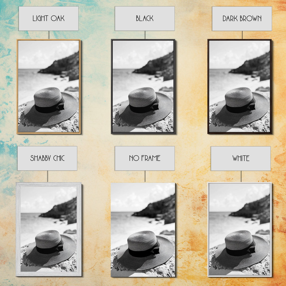 Beach Hat Closeup, Seaside Fashion, Coastal Breeze, Relaxed Mood, Framed Canvas Print, Minimalist Beach Art, Summer Home Decor