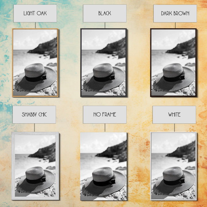 Beach Hat Closeup, Seaside Fashion, Coastal Breeze, Relaxed Mood, Framed Canvas Print, Minimalist Beach Art, Summer Home Decor