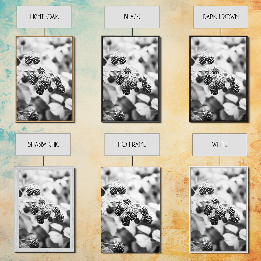 Blackberries in Bloom, Ripe Fruit Closeup, Garden Harvest, Natural Beauty, Framed Canvas Print, Farmhouse Kitchen Art, Fall Decor