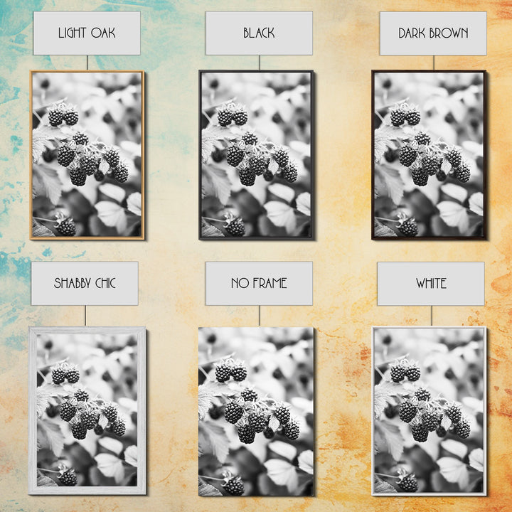 Blackberries in Bloom, Ripe Fruit Closeup, Garden Harvest, Natural Beauty, Framed Canvas Print, Farmhouse Kitchen Art, Fall Decor