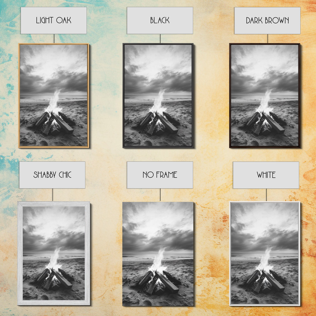 Beach bonfire moment, soft flame serenity, ocean dusk, coastal camp vibes, Framed Canvas Print, Fall decor, hygge inspired wall decor