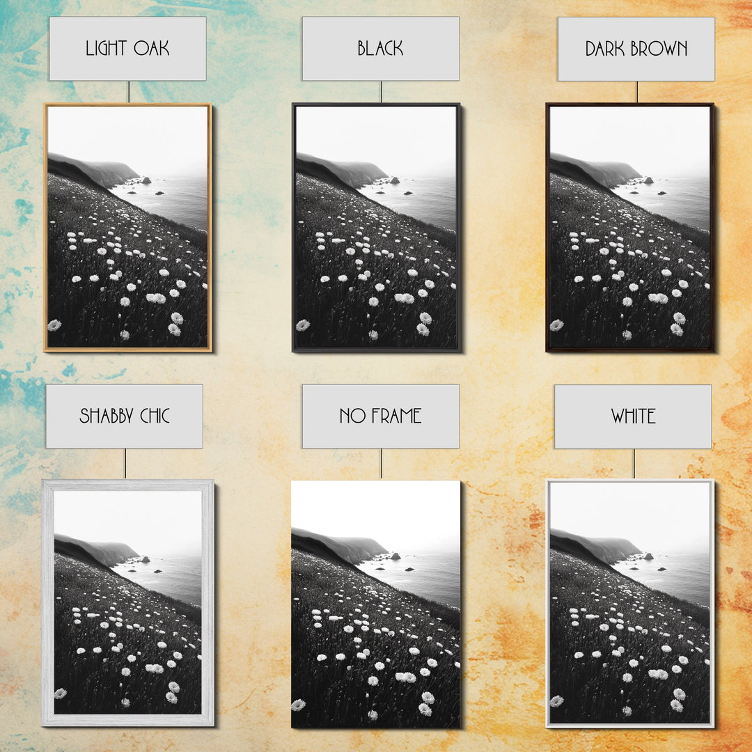 Daisy Cliffside Bloom, Coastal Flowers, Peaceful Nature Scene, Framed Canvas Print, Bedroom Wall Art, Botanical Decor, Minimalist Style