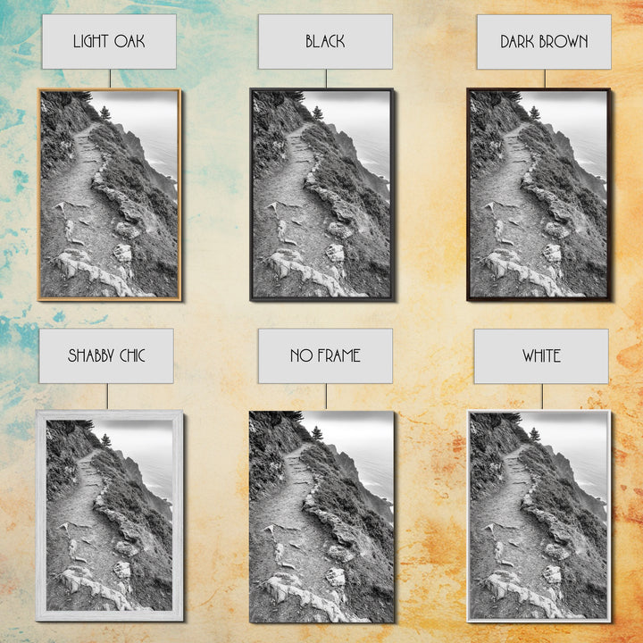 Rocky Cliff Trail, Coastal Hiking, Rugged Landscape, Nature Adventure Art, Framed Canvas Print, Cabin Wall Decor, Black and White Aesthetic