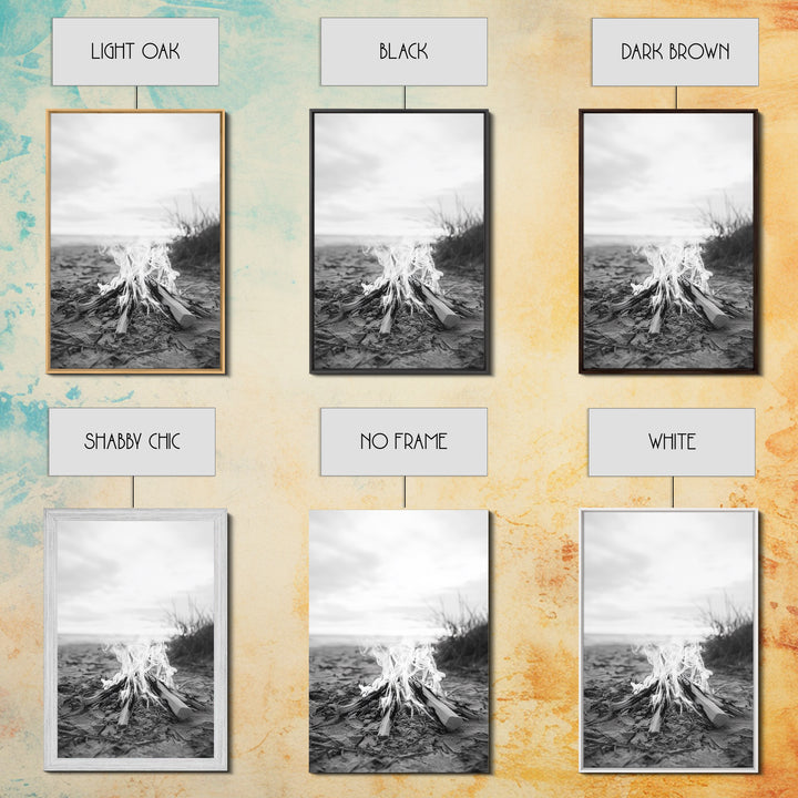 Campfire, Beach, Smoke, Glow - Cozy outdoor scene with flickering flame, Canvas Print, perfect rustic cabin or camping decor, Autumn Wall Art