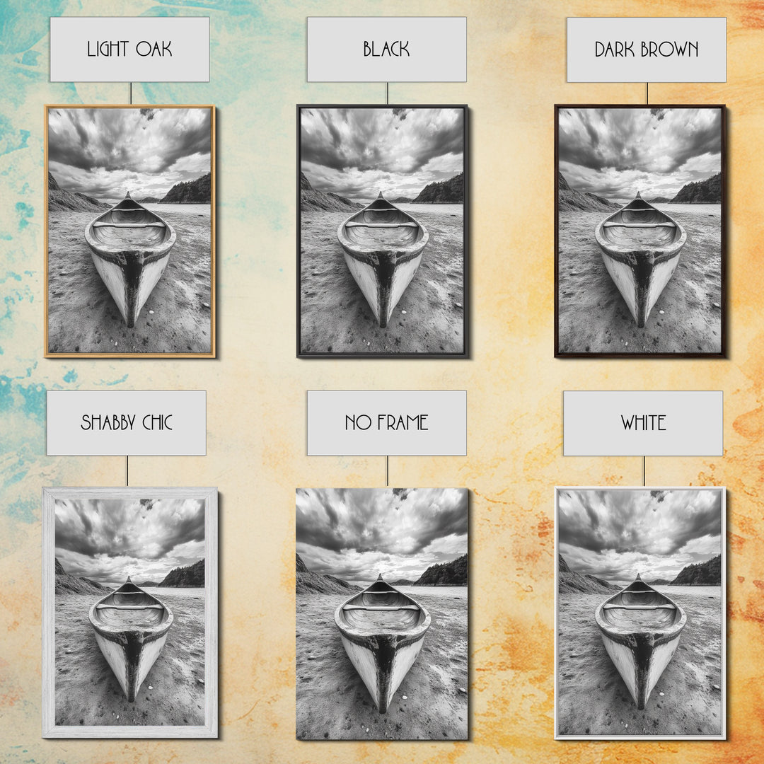 Canoe, Shoreline, Dramatic, Sky - canoe landscape Canvas Print, rustic wall art, entryway decor, nature photography, monochrome mountain