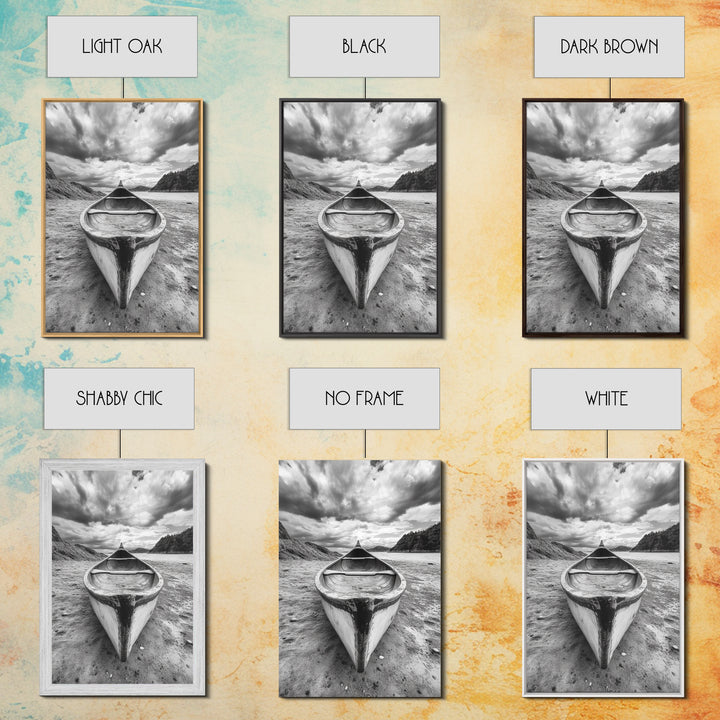 Canoe, Shoreline, Dramatic, Sky - canoe landscape Canvas Print, rustic wall art, entryway decor, nature photography, monochrome mountain