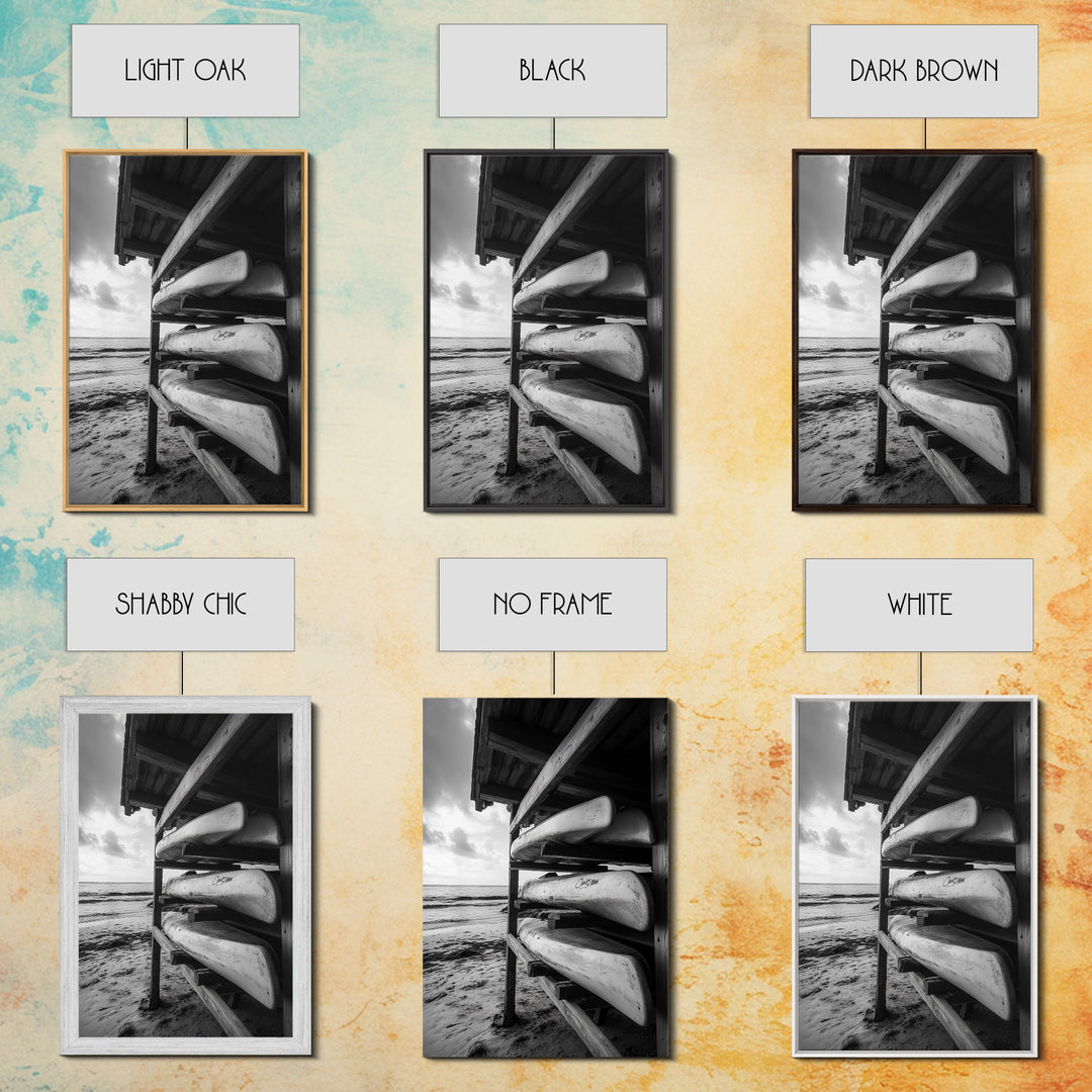 Canoes, Rack, Ocean, Shelter - Surf shack vibes with coastal canoe stack, Framed Canvas Print, great beach house or boho hallway art, grayscale