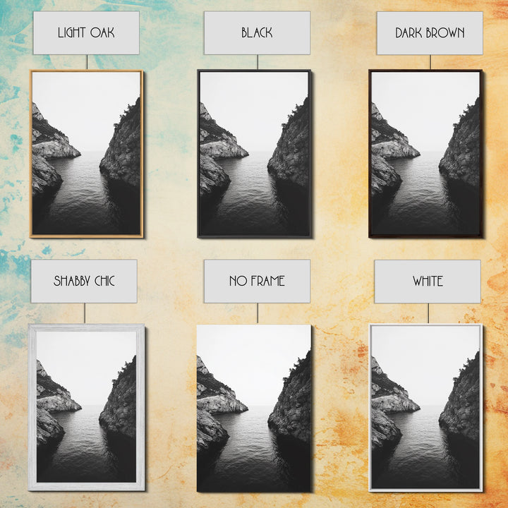 Cliffs, Ocean, Channel, Serenity - Dramatic rocky inlet view, Framed Canvas Print, ideal bathroom or hallway wall art, nature lover minimalist