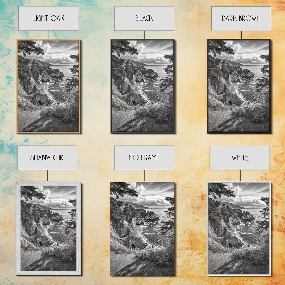 Coastal Cliff, Ocean View, Rocky Shoreline, Framed Canvas Print, Black and White Art, Coastal Living Wall Decor, Nature Landscape Art