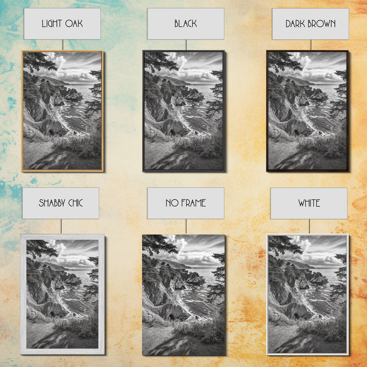 Coastal Cliff, Ocean View, Rocky Shoreline, Framed Canvas Print, Black and White Art, Coastal Living Wall Decor, Nature Landscape Art