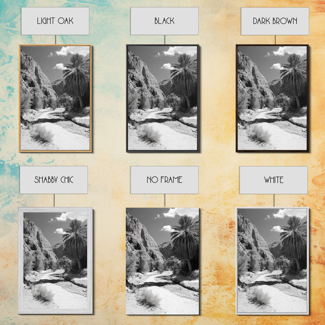 Desert Oasis, Palm Trees, Canyon Trail, Framed Canvas Print, Nature Photography Art, Warm Boho Wall Decor, Rustic Entryway Accent