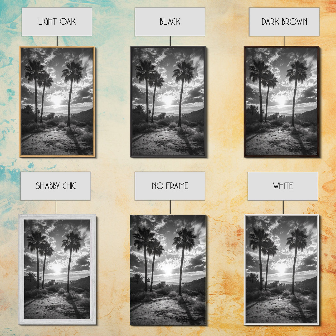 Palm Sunset, Desert Light, Silhouetted Trees, Framed Canvas Print, Tropical Boho Wall Art, Sunset Living Room Decor, Moody Nature Style