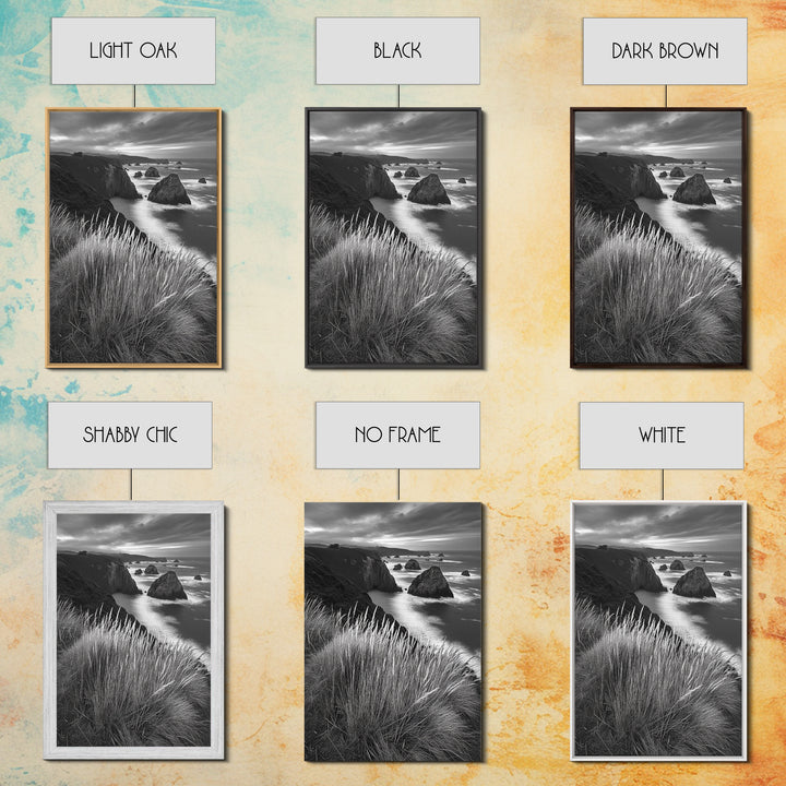 Coastal Cliffs, Ocean Rocks, Tall Grass, Canvas Print, Windswept Landscape Art, Beach House Wall Decor, Monochrome Nature Scene