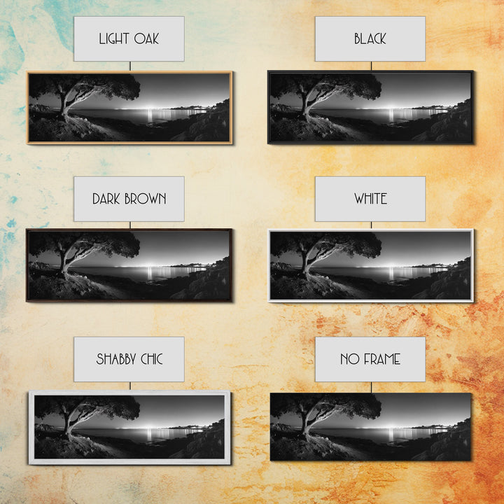 Coastal Night, Tree Silhouette, City Horizon, Framed Canvas Print, Moody Landscape Art, Modern Living Room Wall Decor