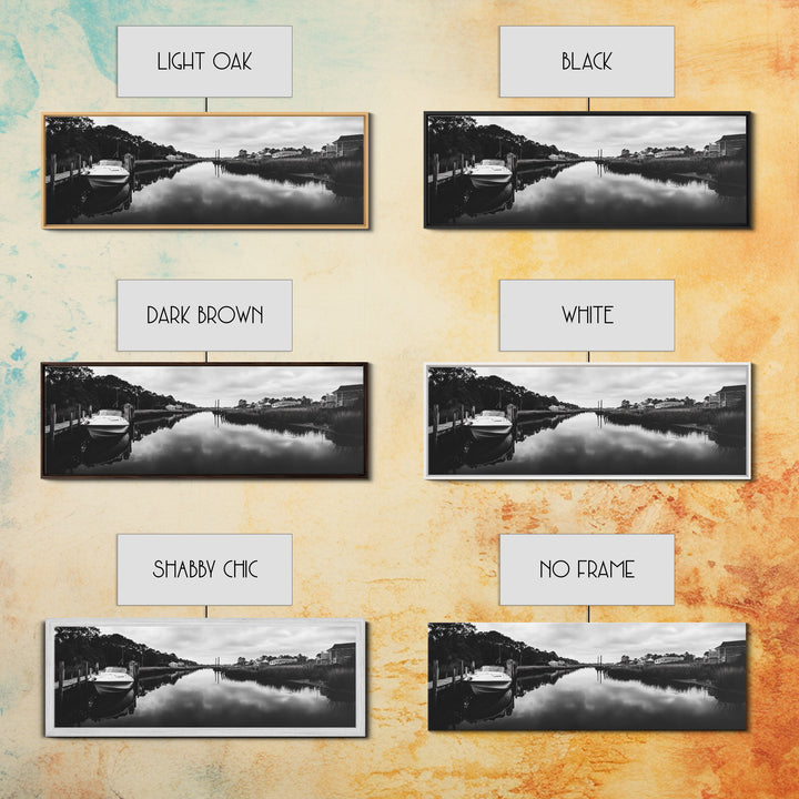 Boat Dock, Quiet Bay, Marina Reflections, Framed Canvas Print, Nautical Wall Art, Lakehouse Decor, Minimalist Coastal Vibes, Black White Art