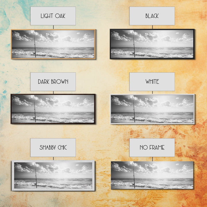 Beach Fishing, Ocean Waves, Rod and Reel, Framed Canvas Print, Coastal Living Wall Art, Minimalist Nautical Decor, Beach House Aesthetic