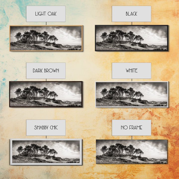 Coastal Pines, Ocean View, Windswept Trees, Framed Canvas Print, Minimalist Landscape Art, Neutral Tones, Entryway Wall Decor