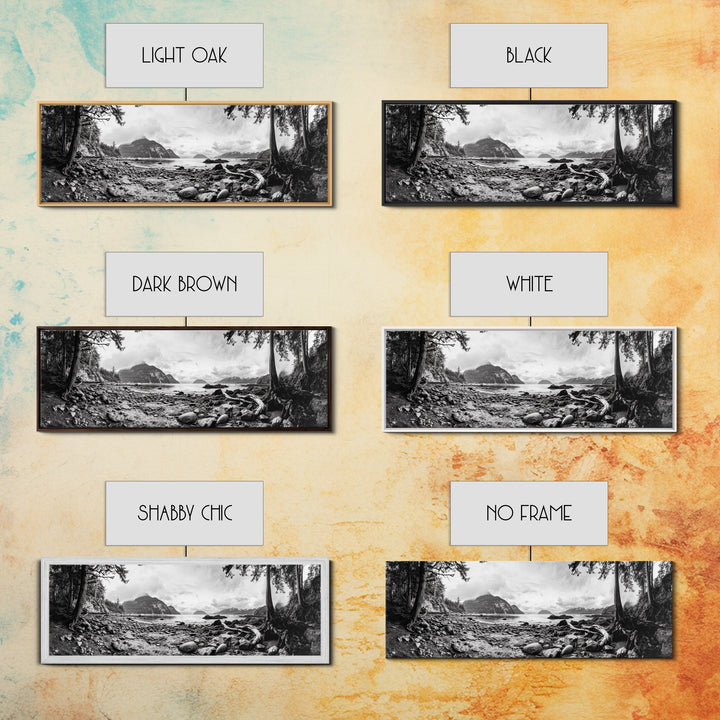 Rocky Shore, Ocean Vista, Misty Wilderness, Framed Canvas Print, Nature Wall Art, Monochrome Landscape, Cabin or Office Decor