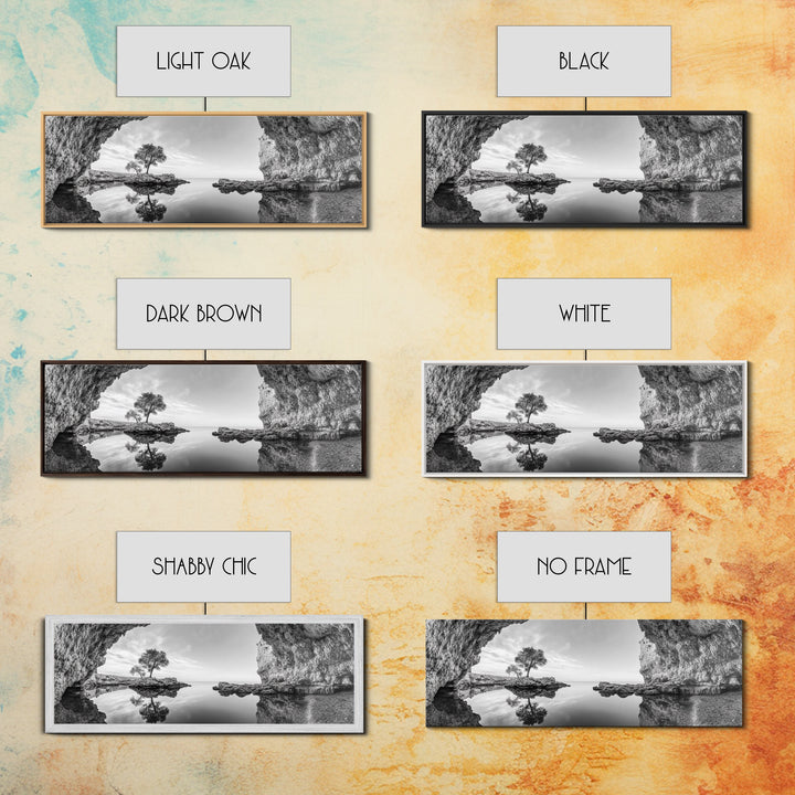 Coastal Cave, Reflection Landscape, Nature Calm, Framed Canvas Print, minimalist ocean wall decor, tranquil tree photography, zen entryway art