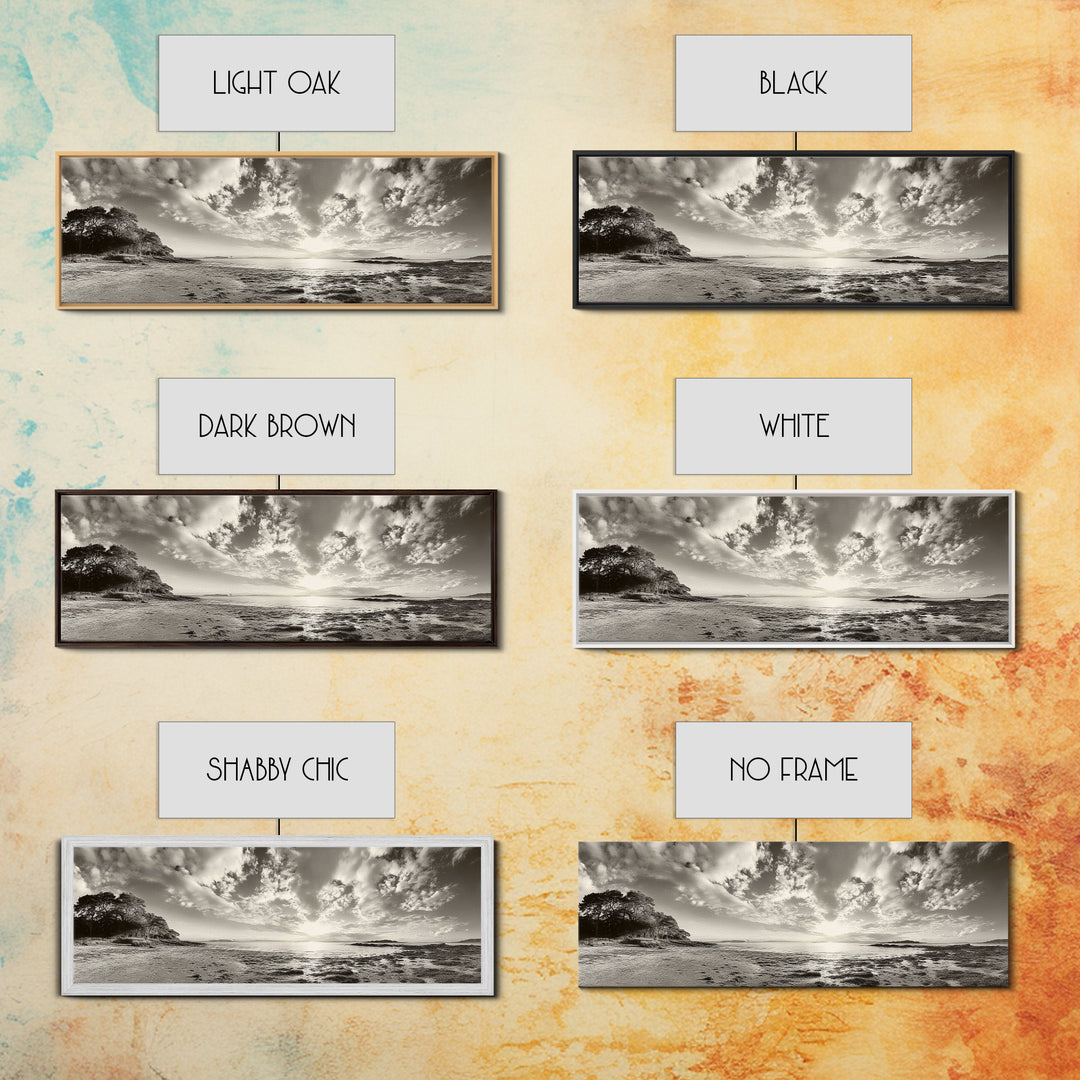 Coastal Sunrise, Expansive Sky, Cloudy Horizon, Framed Canvas Print, Earthy tone art, Beach house decor, Bedroom wall print, Serene landscape