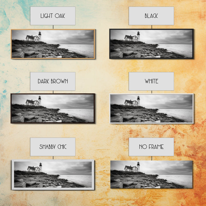 Classic Lighthouse Shore, Rocky Coastline Fog, Seaside Charm, Framed Canvas Print, Office Wall Art, New England Coastal Decor