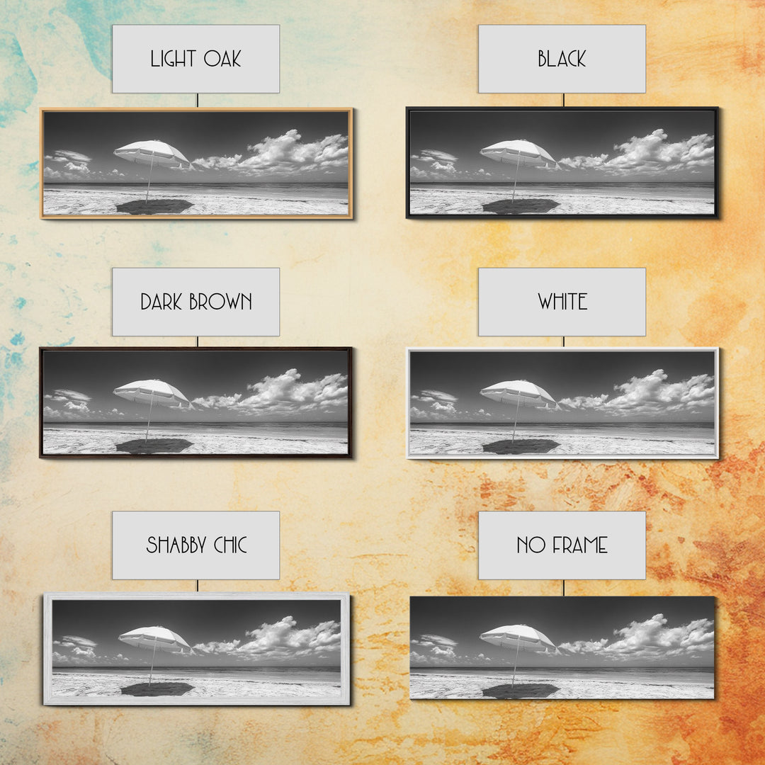 Beach Umbrella, Sunny Sky, Ocean Escape, Seaside Shade, Framed Canvas Print, Summer Wall Art, Bathroom Decor, Minimalist Coastal Style