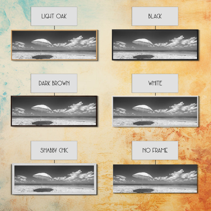 Beach Umbrella, Sunny Sky, Ocean Escape, Seaside Shade, Framed Canvas Print, Summer Wall Art, Bathroom Decor, Minimalist Coastal Style