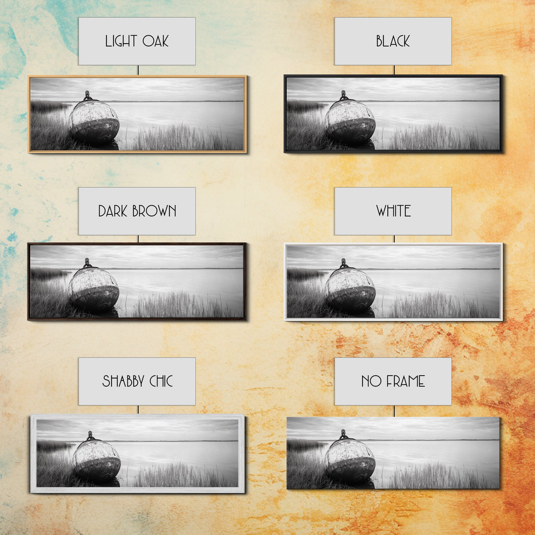 Coastal Buoy, Still Waters, Nautical Calm, Framed Canvas Print, Lakeside Bathroom Art, Maritime Style, Rustic Ocean Decor