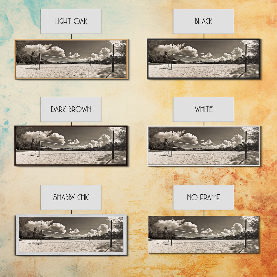 Beach Volleyball, Sand Court, Summer Fun, Tropical Clouds, Framed Canvas Print, Sports Room Wall Art, Coastal Decor, Sepia Beach Art