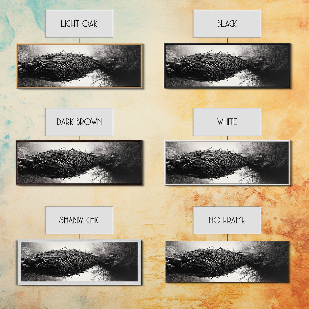 Beaver Dam, Nature Structure, Quiet Creek, Reflection Art, Framed Canvas Print, Cabin Wall Art, Rustic Decor, Woodland Black and White Art