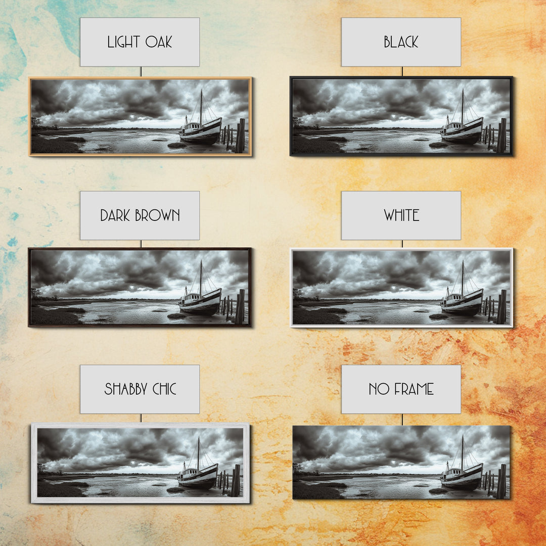 Abandoned Fishing Boat, Coastal Storm Scene, Rustic Nautical Decor, Framed Canvas Print, Beach House Art, Autumn Decor, Moody Wall Print