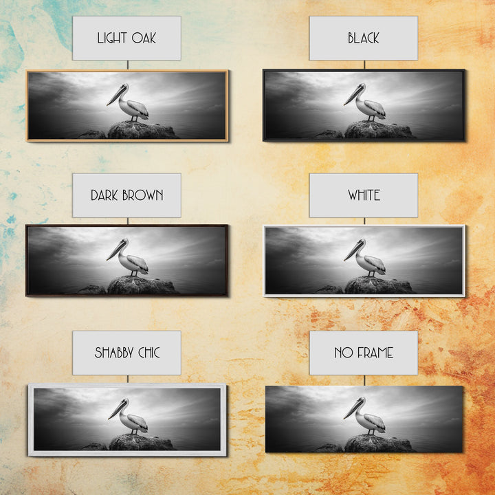 Coastal Pelican, Ocean Rock, Tranquil Wildlife Scene, Framed Canvas Print, Beach House Wall Art, Seaside Nature Decor, Moody Tones