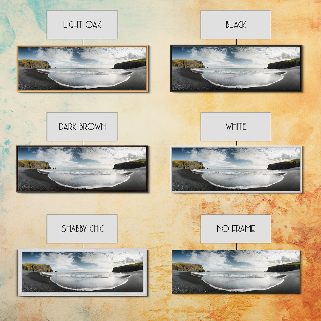 Black Sand Beach, Coastal Cliffs, Ocean Horizon, Icelandic Shore, Framed Canvas Print, Living Room Wall Art, Travel Landscape, Nature Decor